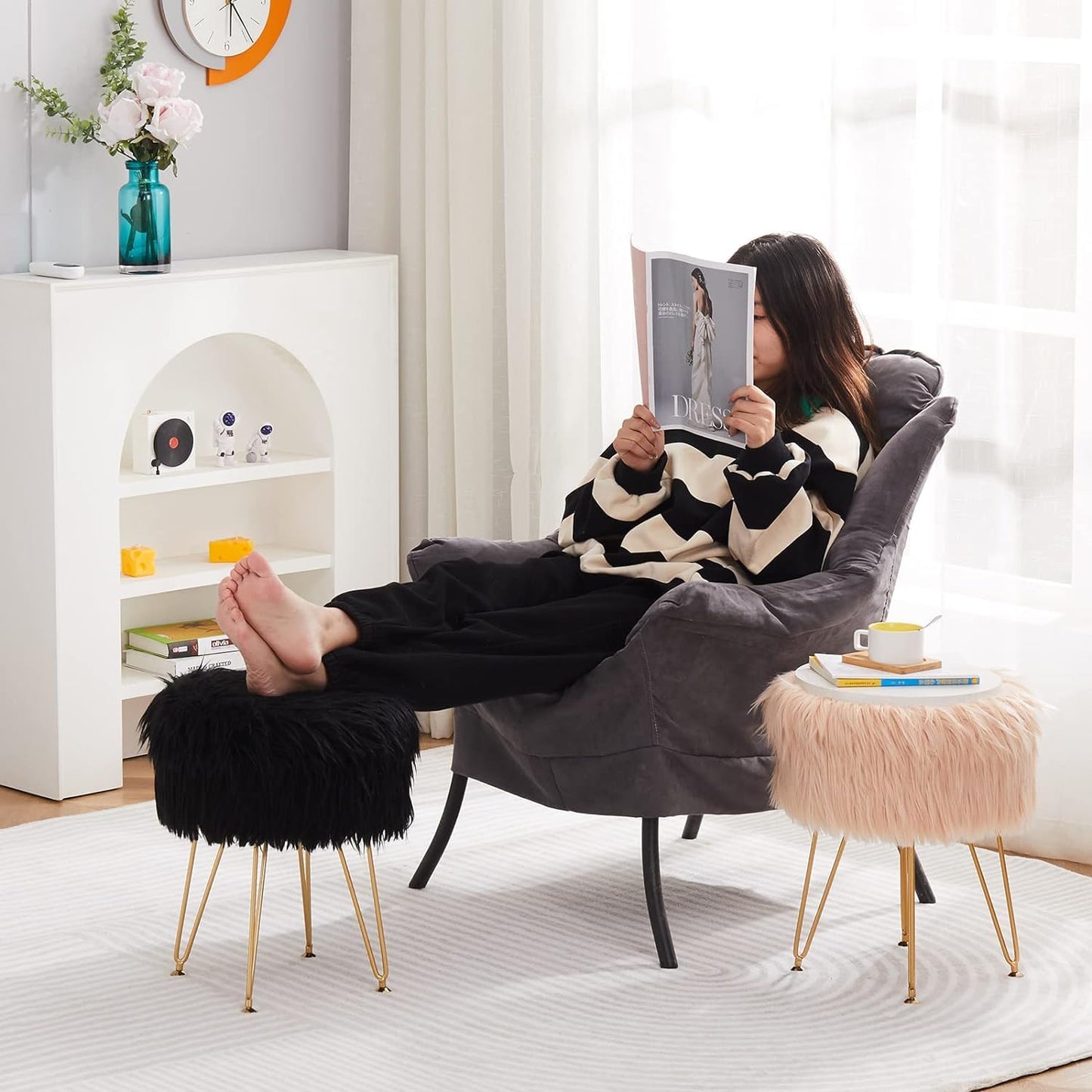 Faux Fur Ottoman Stool with Marble Tray, Footrest & Storage, Black Vanity Seat