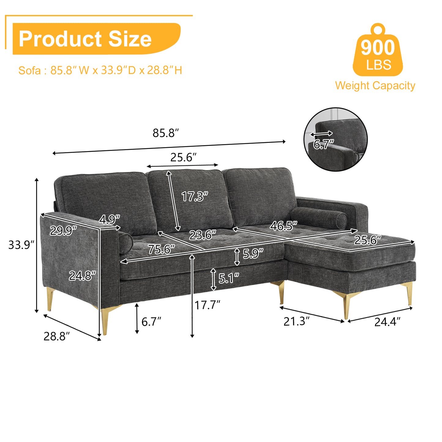 3-Seater Chenille Modular Sofa with Footstool, Gold Legs – Dark Gray