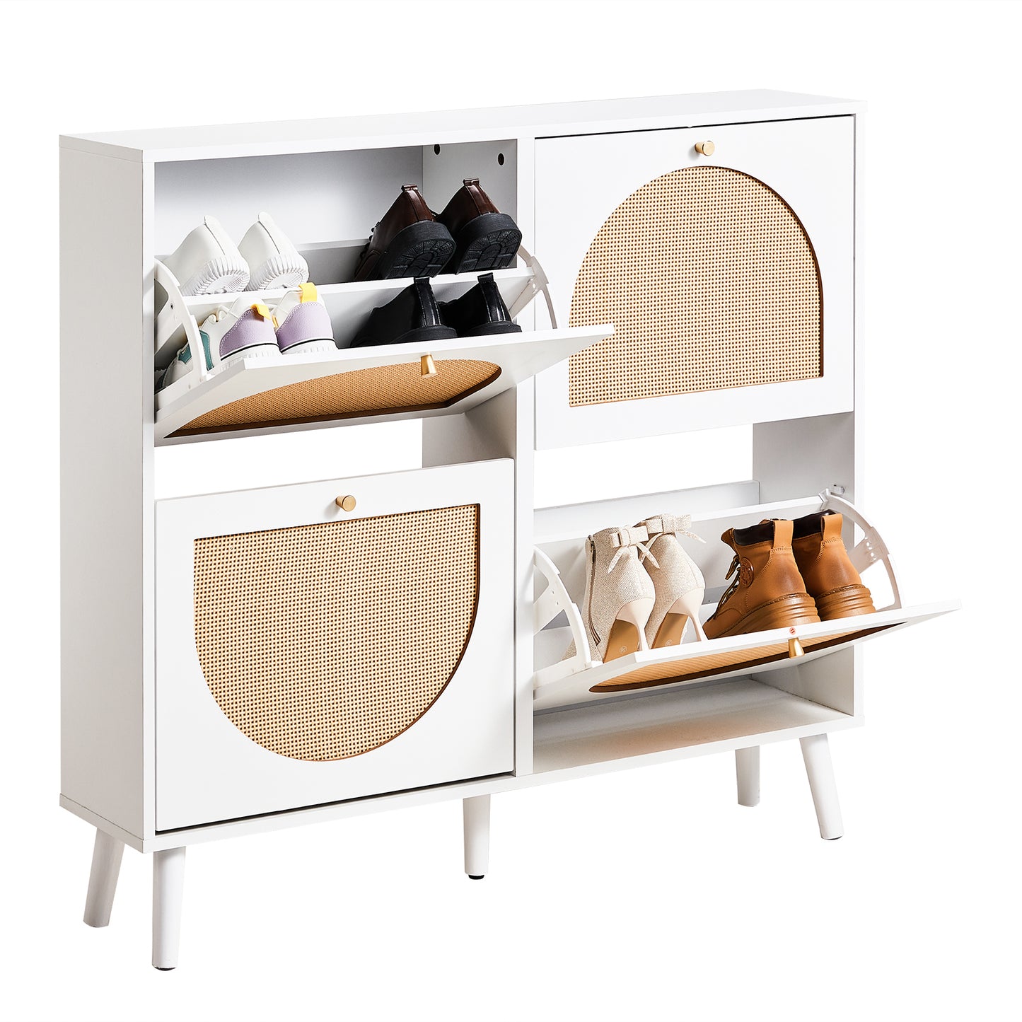 2-Row 4-Bucket Rattan Shoe Cabinet, White & Wood Finish w/ Gold High Legs