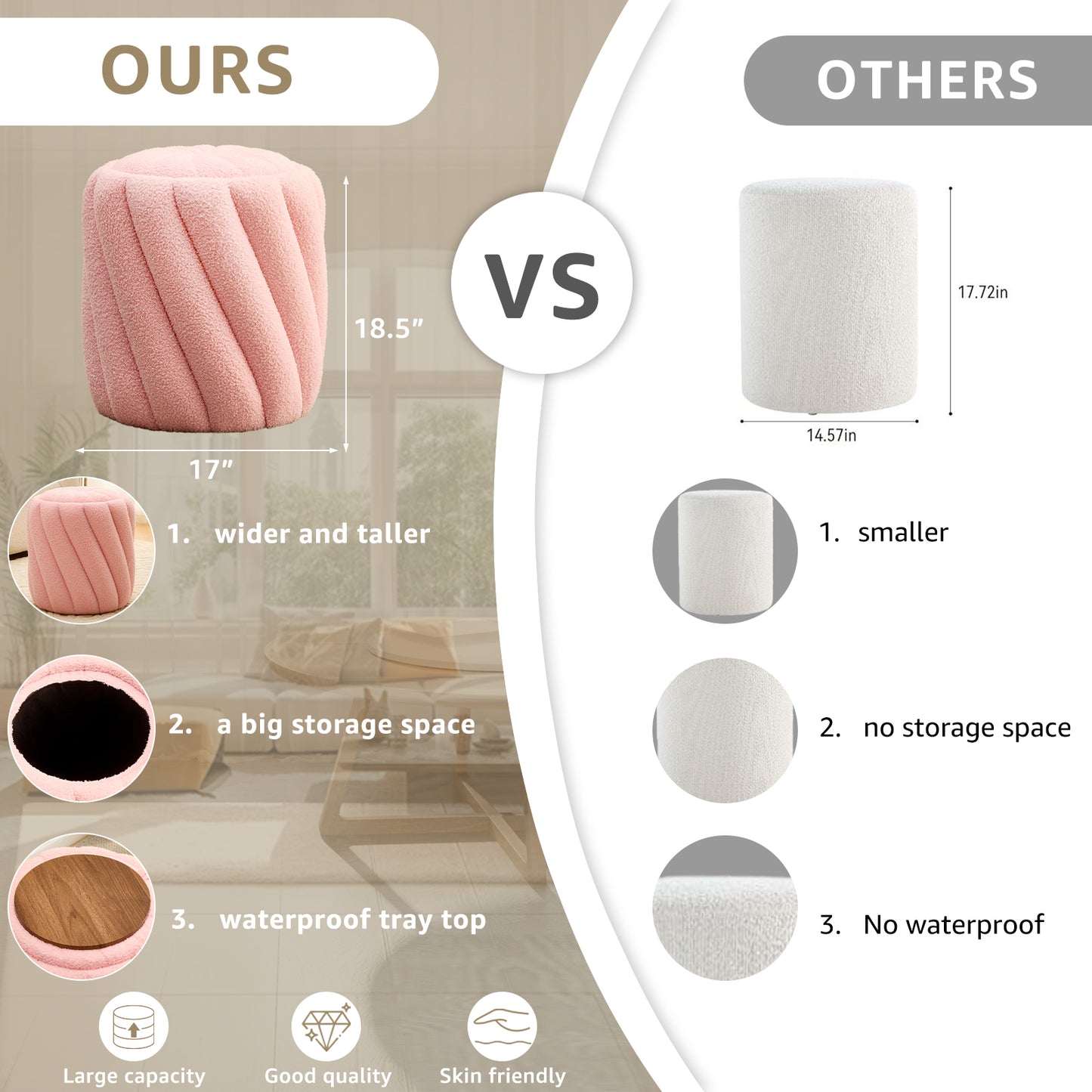 Teddy Velvet Ottoman with Storage, Round Padded Foot Stool for Makeup Room, Pink