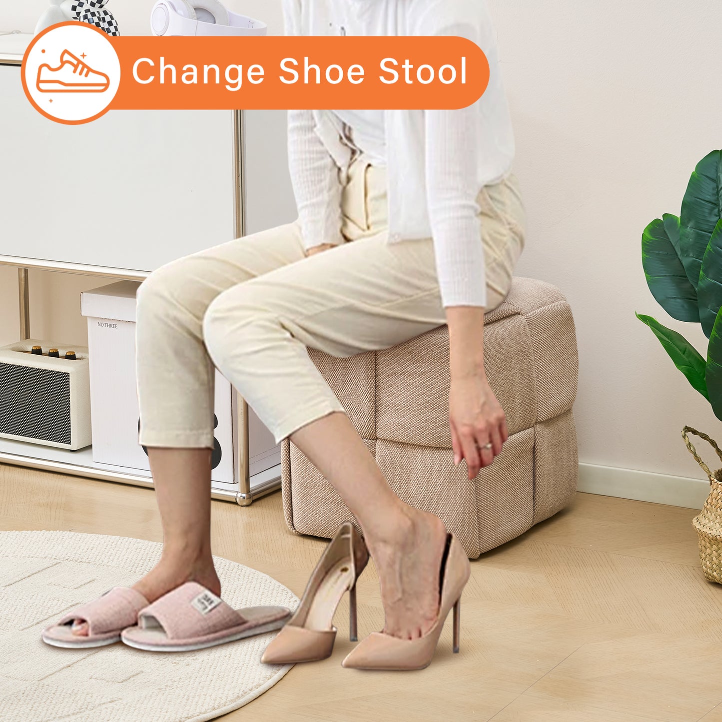 Brown Corduroy Ottoman Vanity Stool – Square Footrest for Bedroom & Entryway