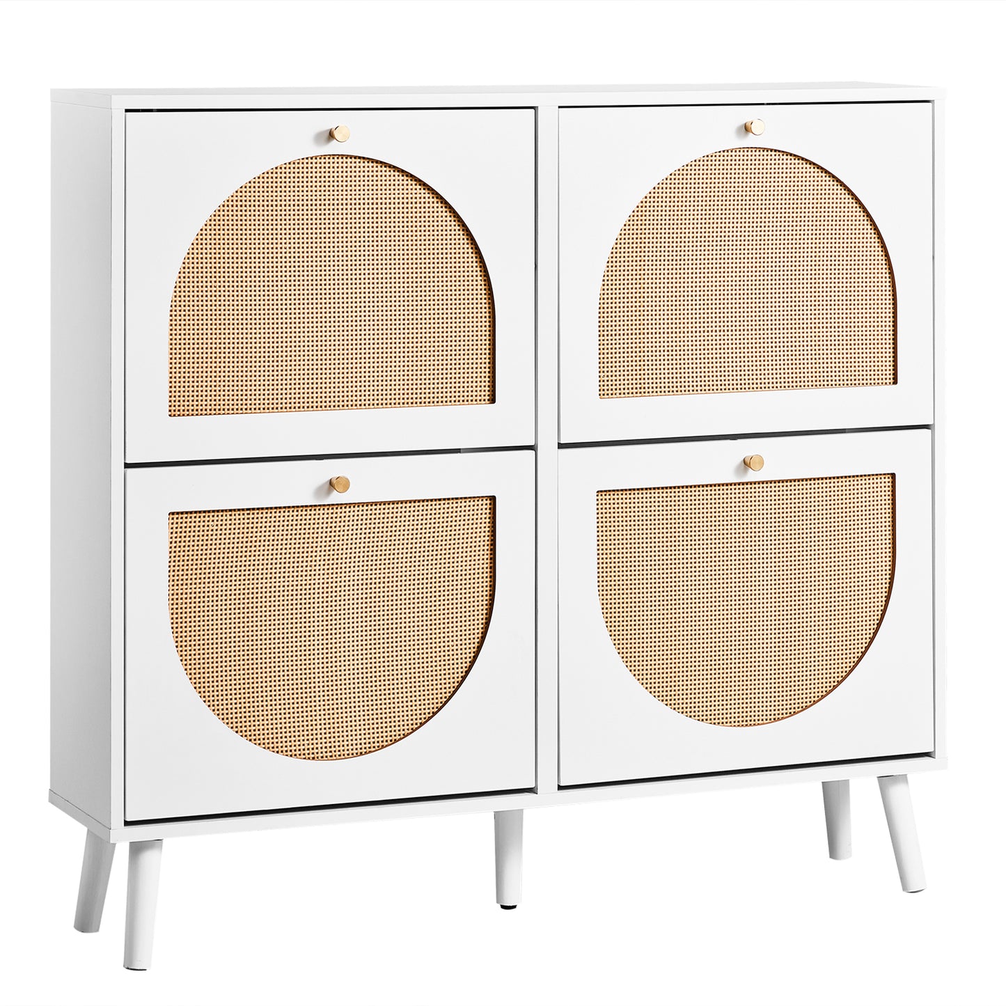 2-Row 4-Bucket Rattan Shoe Cabinet, White & Wood Finish w/ Gold High Legs