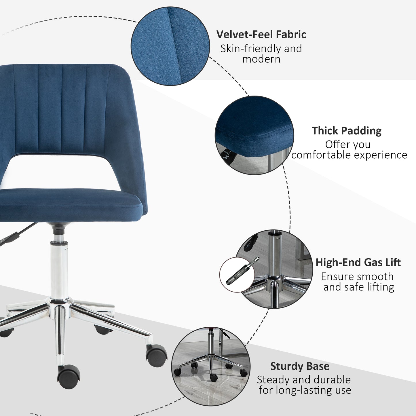 Modern Blue Velvet Office Chair – Adjustable Height, Swivel Base & Scallop Backrest