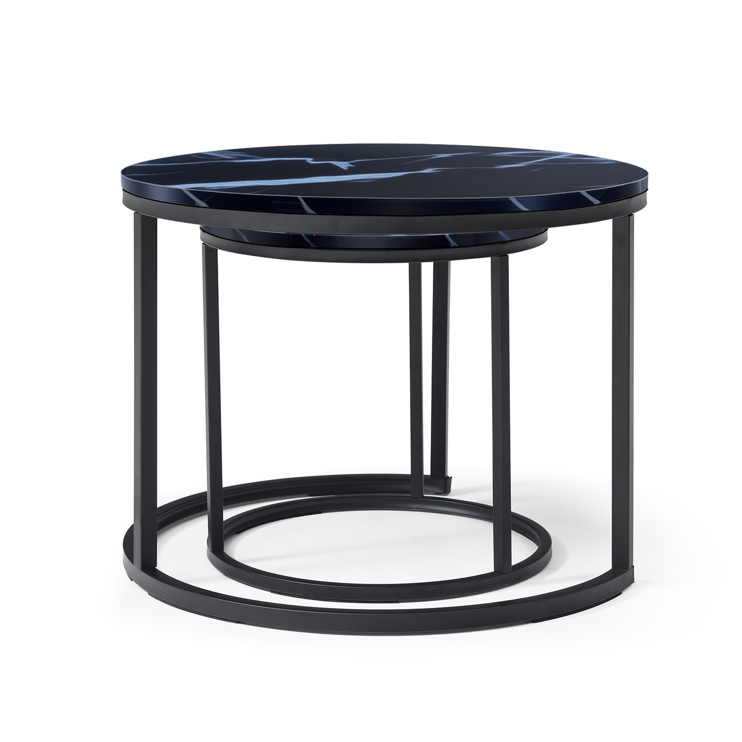 Set of 2 Nesting Coffee Tables – Round Black Frame with Marble Pattern Tops