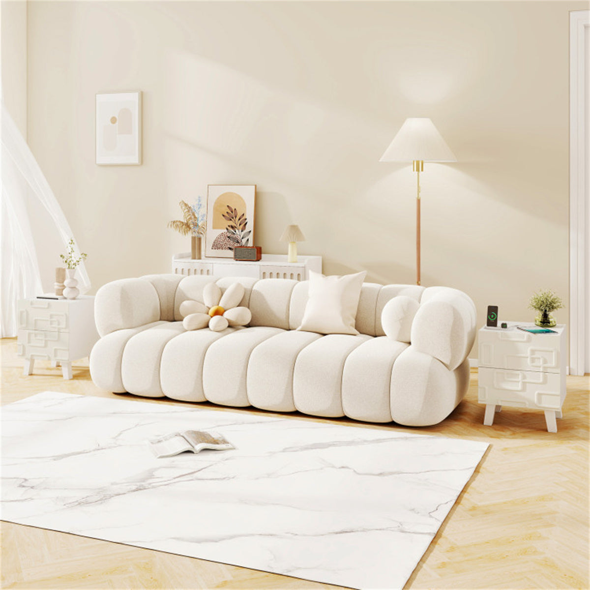 White Modern Nightstand with 2 Drawers – Geometric 3D Pattern Bedside Side Table