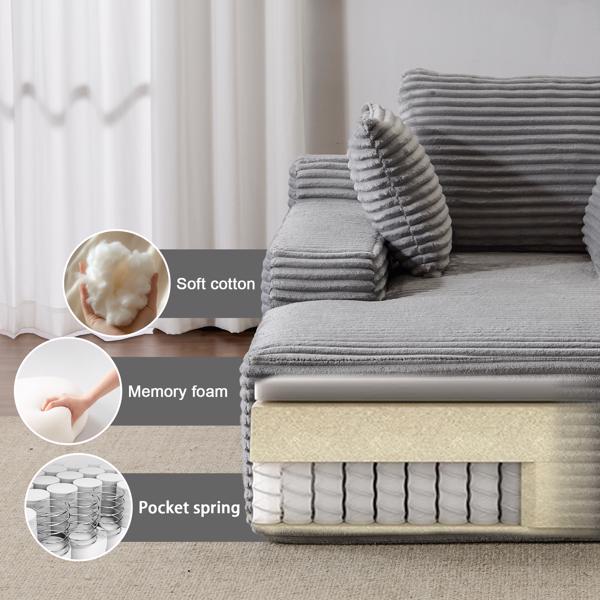 Oversized Chaise Lounge Chair – Plush Corduroy Cloud Couch with 3 Pillows, Grey