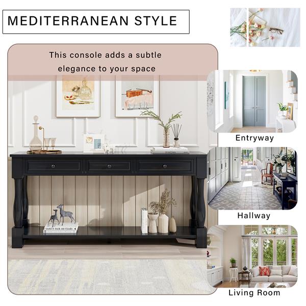63" Black Console Table with Drawers & Shelf for Entryway, Hallway, Living Room