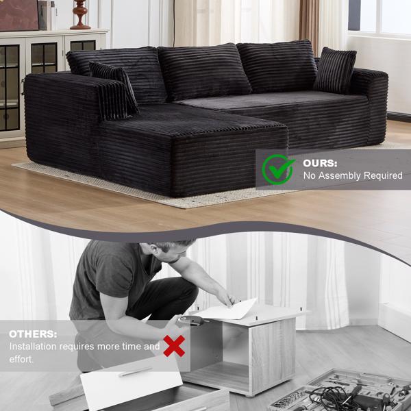 Modular L-Shaped Corduroy Sectional Sofa with Chaise – Black