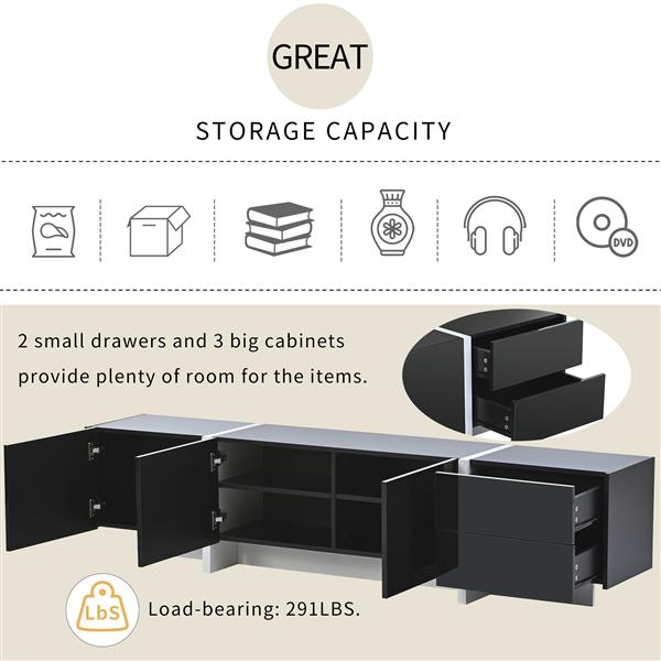Modern Black & White TV Stand, Fits TVs Up to 80'', High Gloss Cabinet