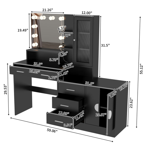 Large Vanity Table with Mirror, LED Lights, Drawers & Charging Station