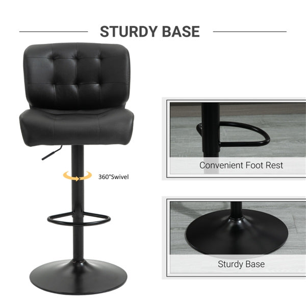 Set of 2 Adjustable Black Bar Stools with Swivel Seats & Tufted Backrest