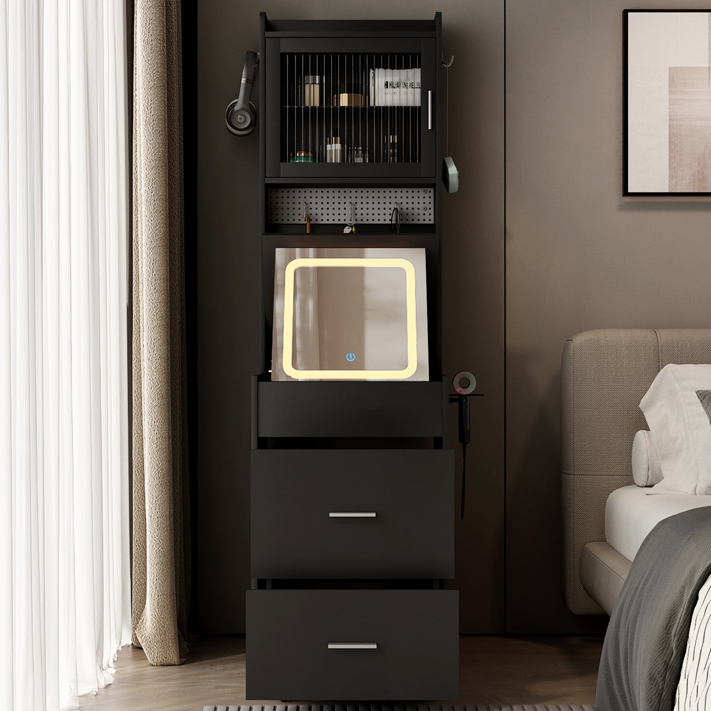 Compact Vanity Desk with Mirror, LED Lights, Charging Station & Stool, Black