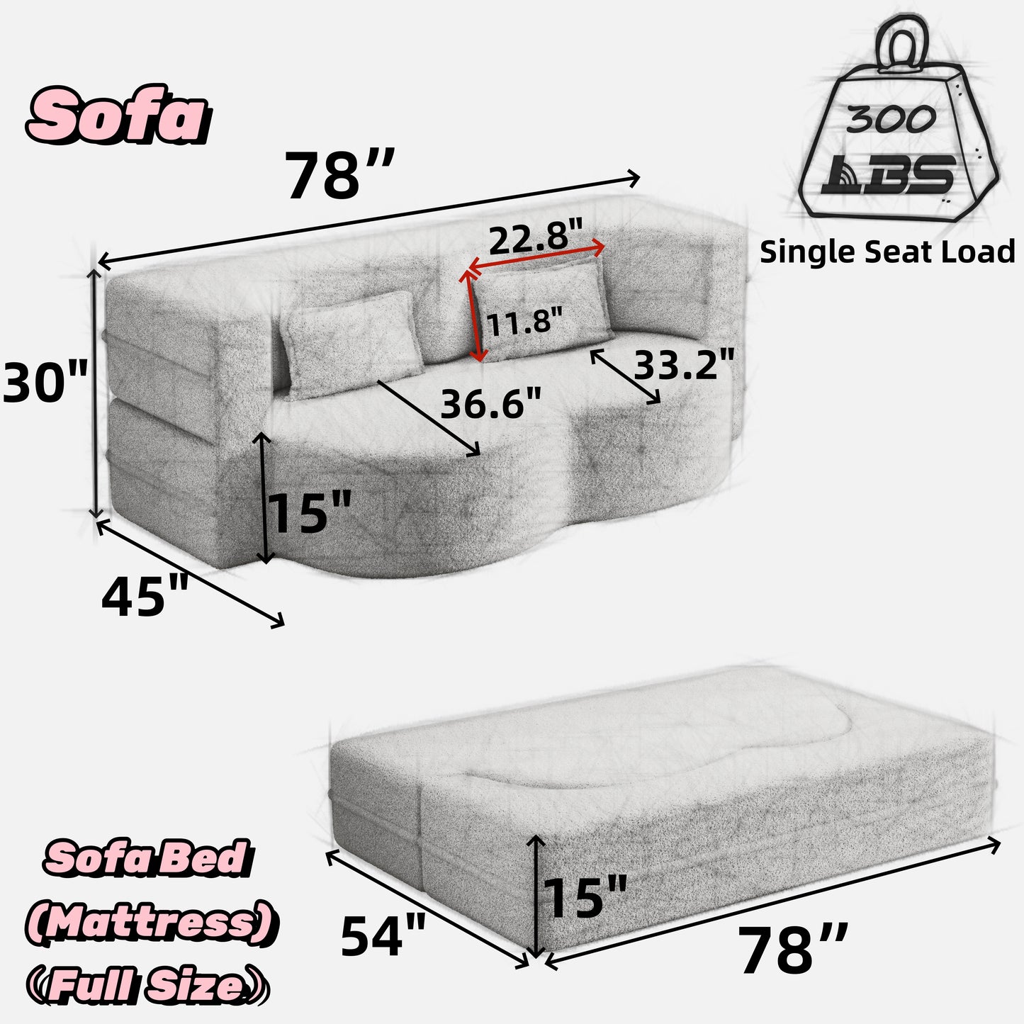 Modern Grey Teddy Fabric Floor Sofa Bed with 2 Pillows – Convertible & Space-Saving