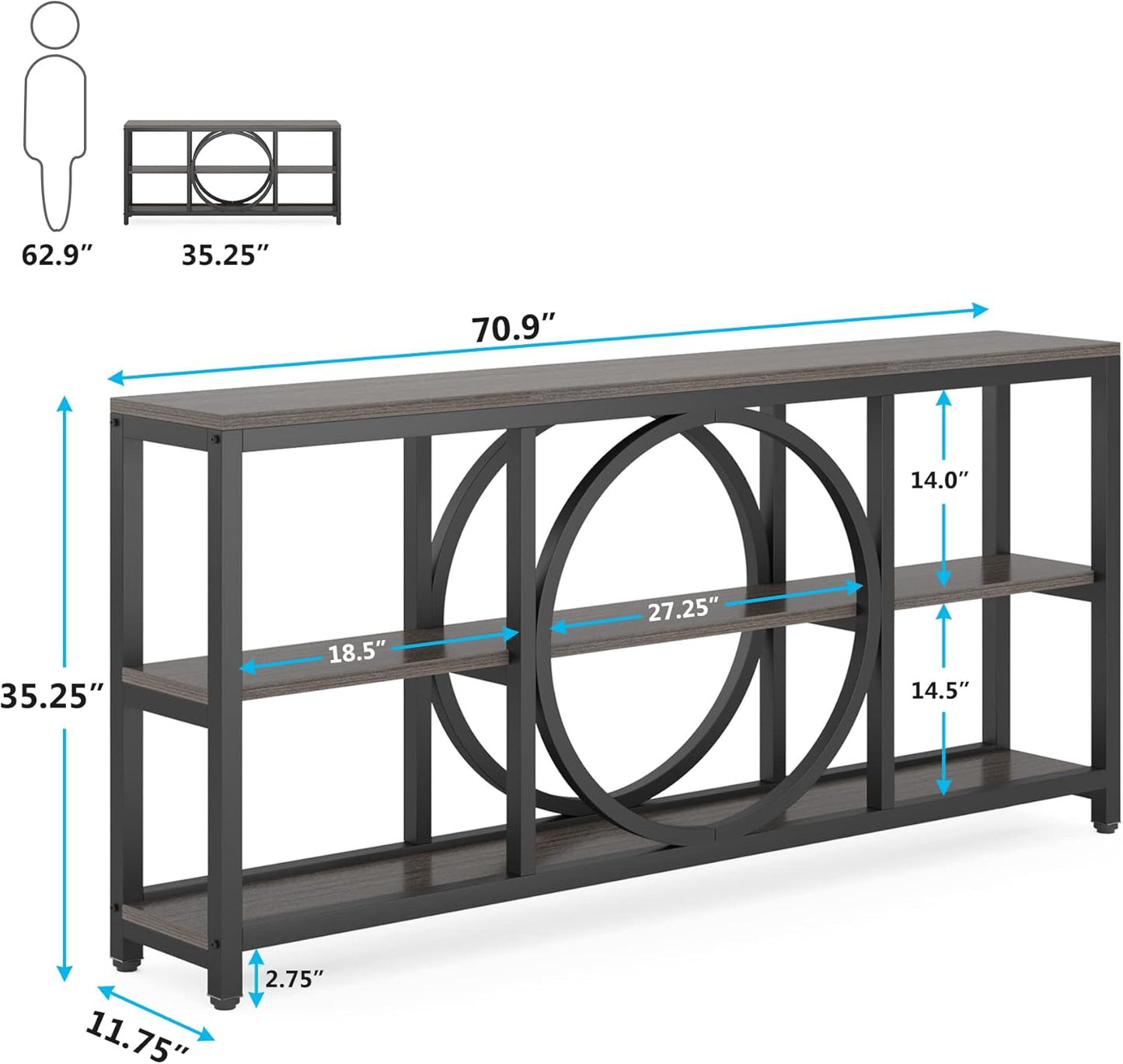 70.9" Rustic Gray Console Table with 3-Tier Shelves – Industrial Entryway Accent