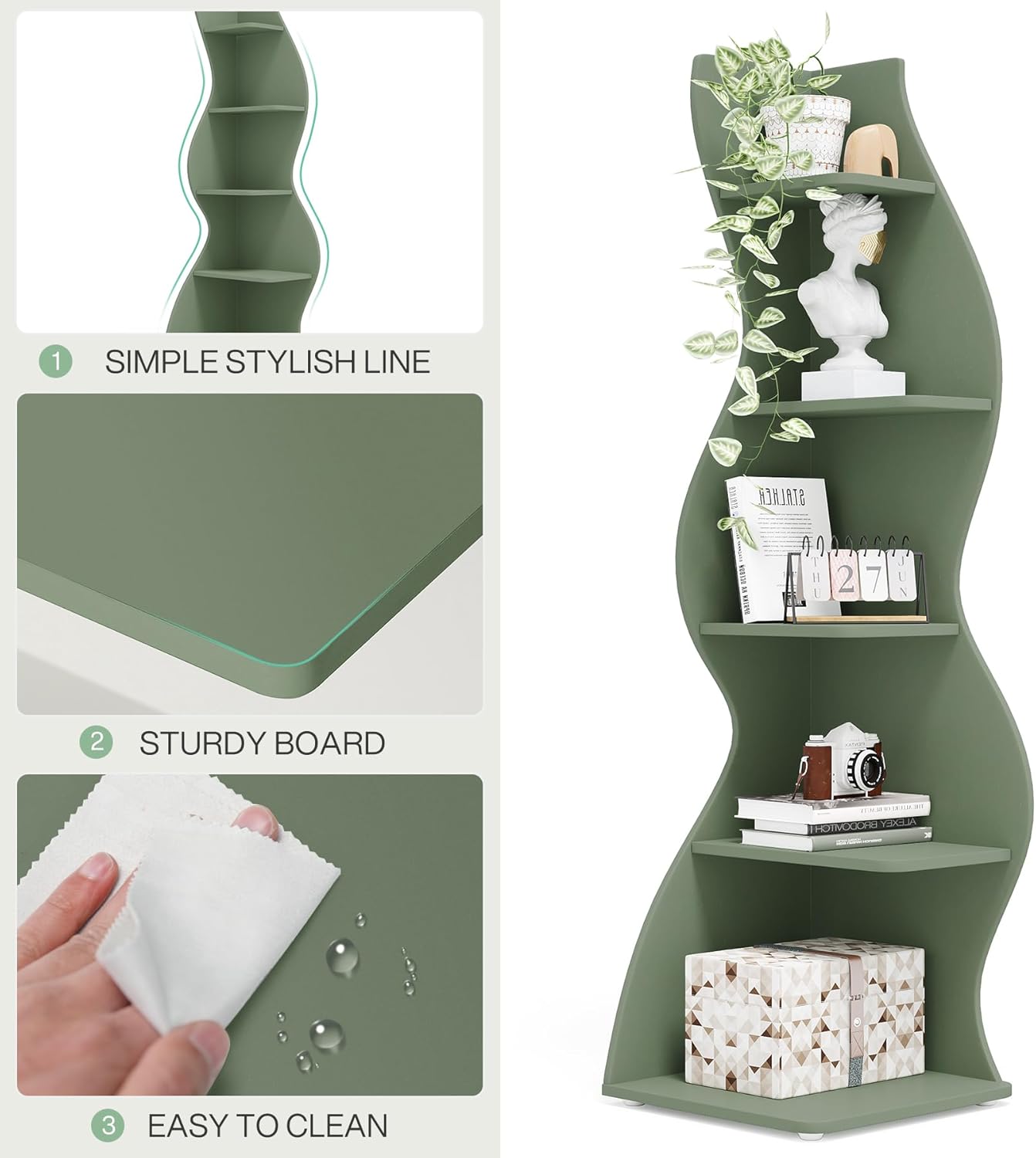 Bookcase Wavy 5-Tier Green Corner Bookshelf – Modern Sculpted Storage Rack