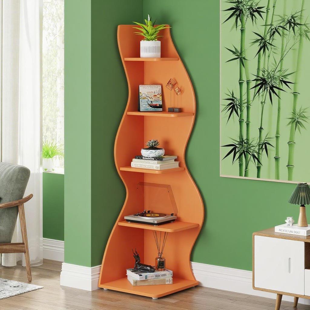 Bookcase Wavy 5-Tier Orange Corner Bookshelf – Modern Sculpted Storage Rack