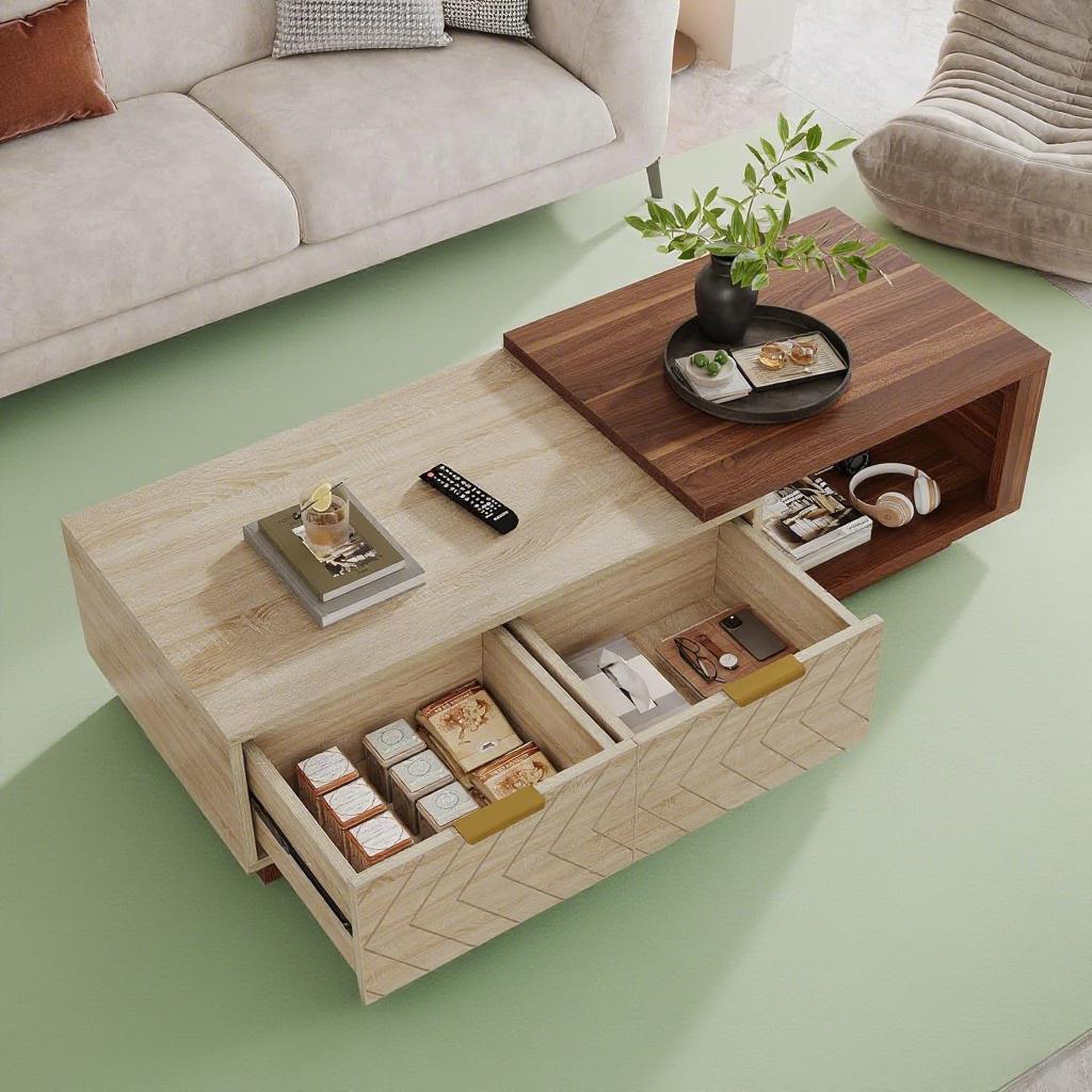 Walnut & Oak Expandable Coffee Table – V-Groove Drawers + Brass Pulls