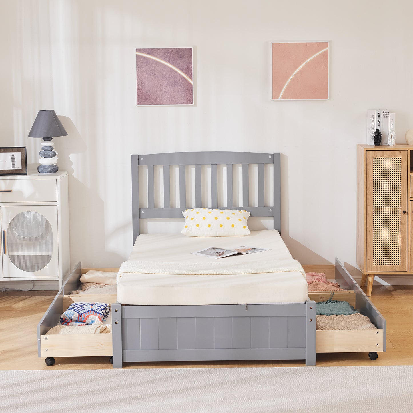 Twin Pine Wood Platform Bed with 4 Storage Drawers & Curved Headboard – Gray