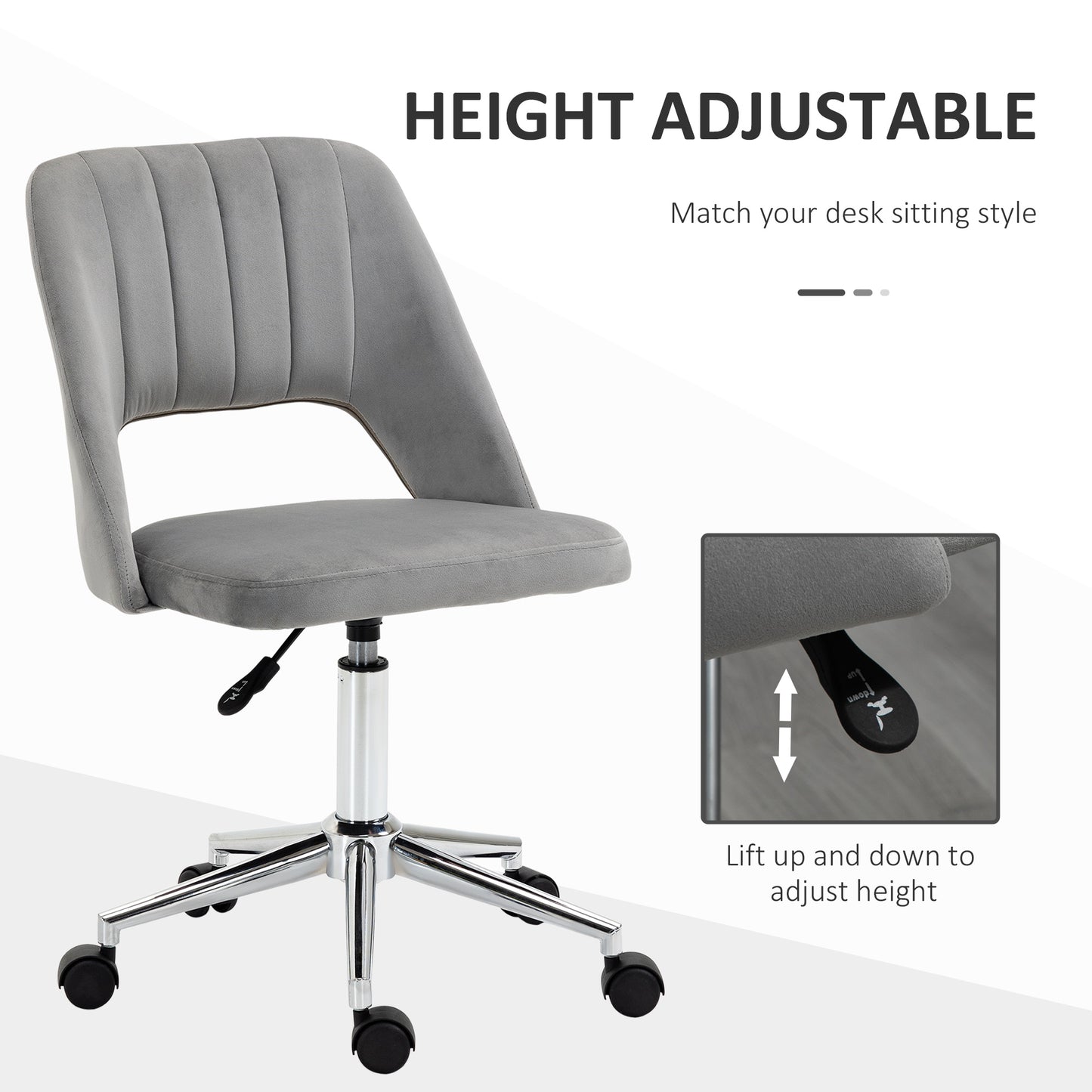 Modern Grey Velvet Office Chair – Adjustable Height, Swivel Base & Scallop Backrest
