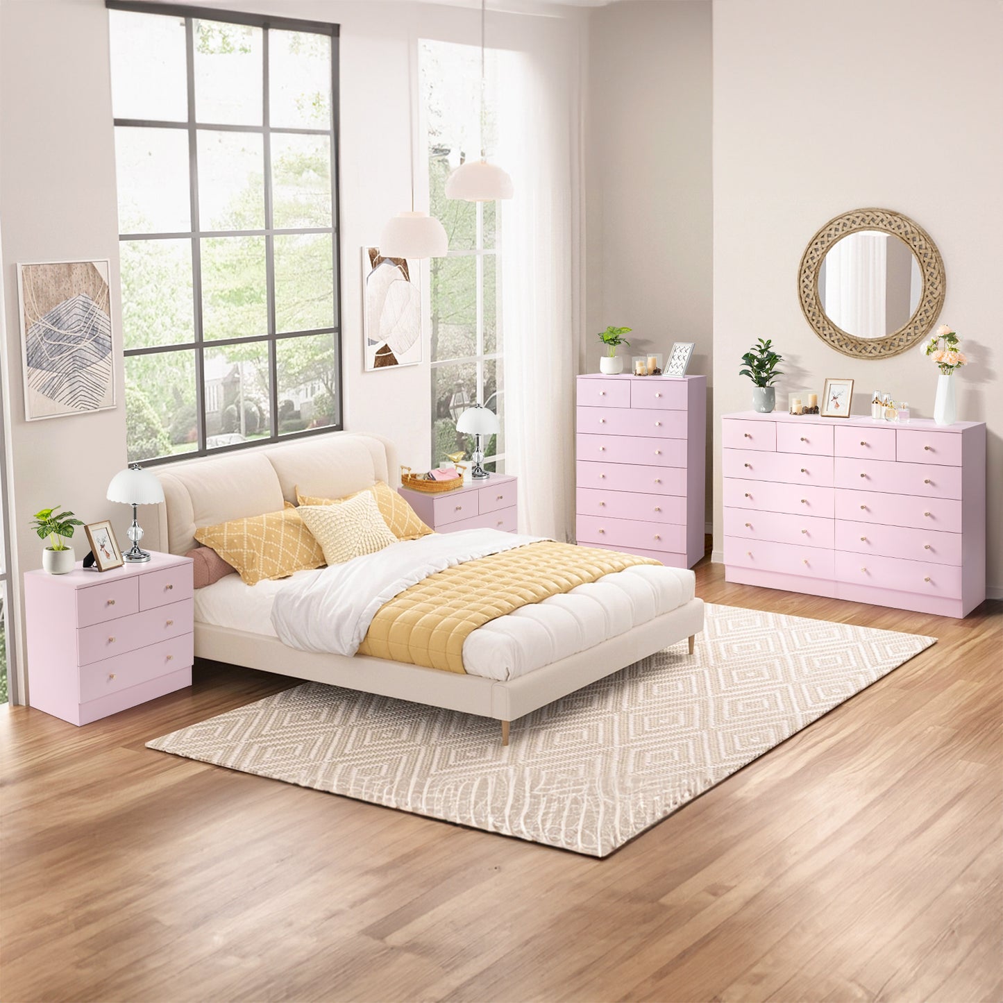 Modern Pink 7-Drawer Dresser – Space-Saving Storage for Bedroom or Home