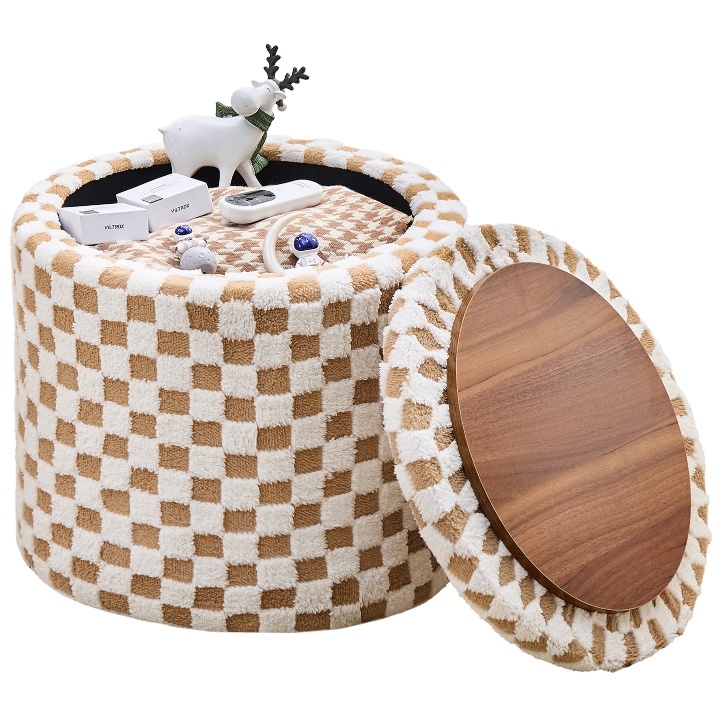 Round Brown Faux Fur Ottoman with Storage – Footrest for Bedroom or Vanity