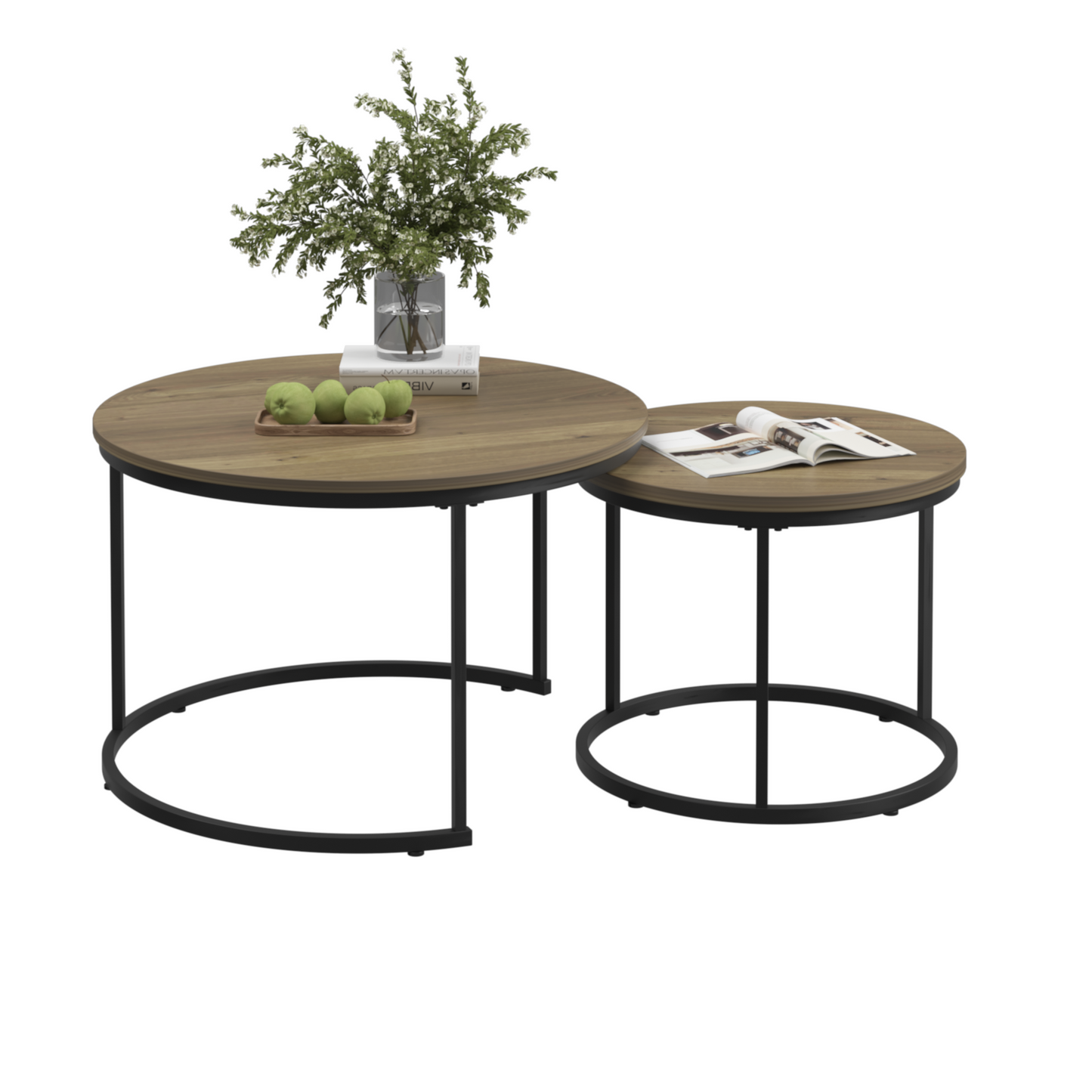 Round Nesting Coffee Table Set of 2 with Marble Top & Metal Frame – Modern Living Room