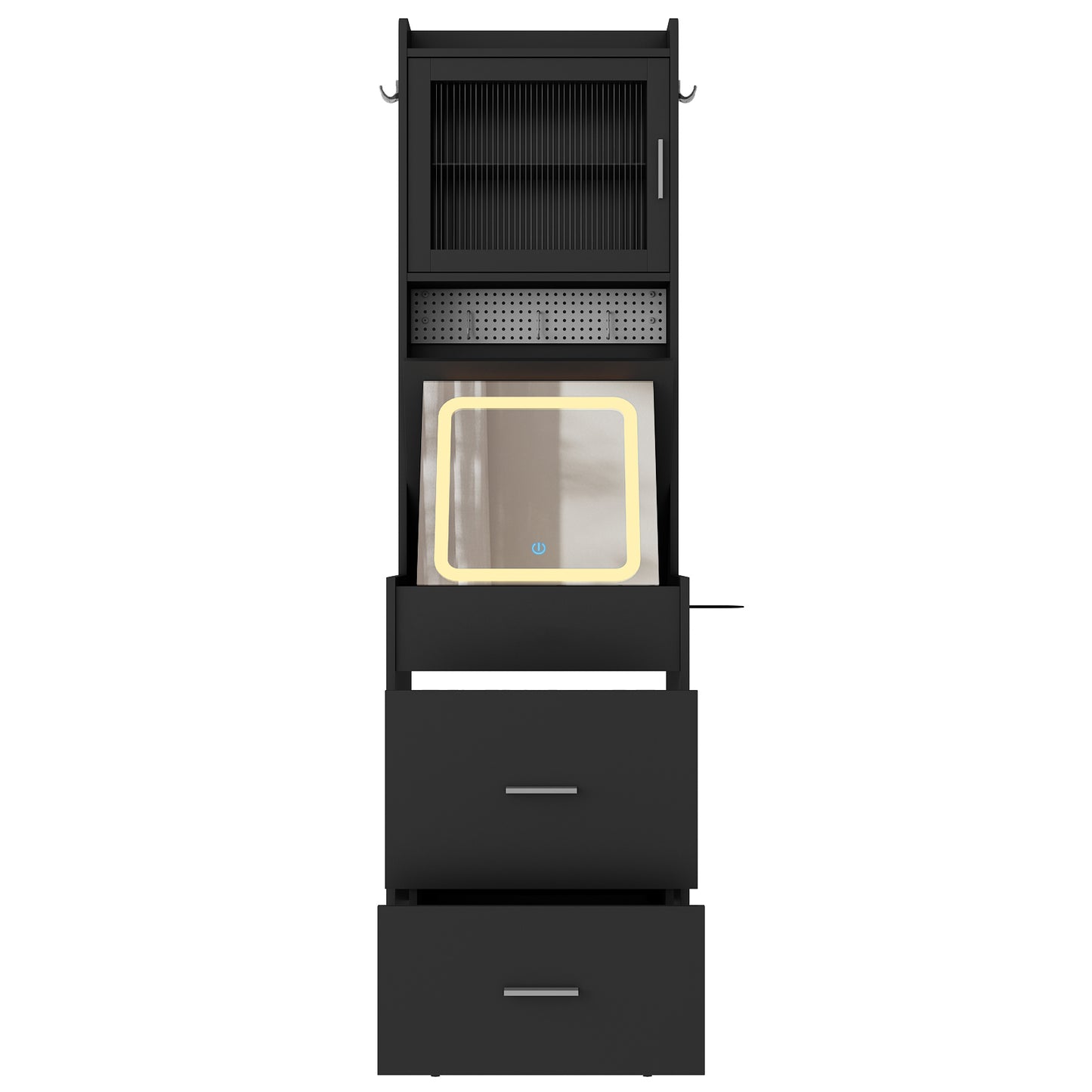 Compact Vanity Desk with Mirror, LED Lights, Charging Station & Stool, Black