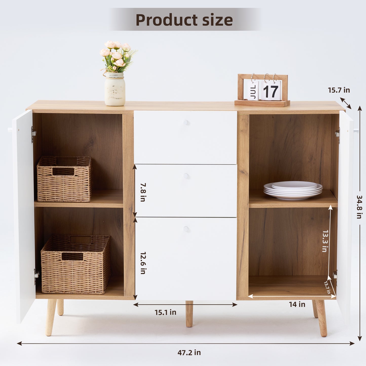 47" Sideboard Buffet Cabinet with 3 Drawers & 2 Doors, Adjustable Shelves