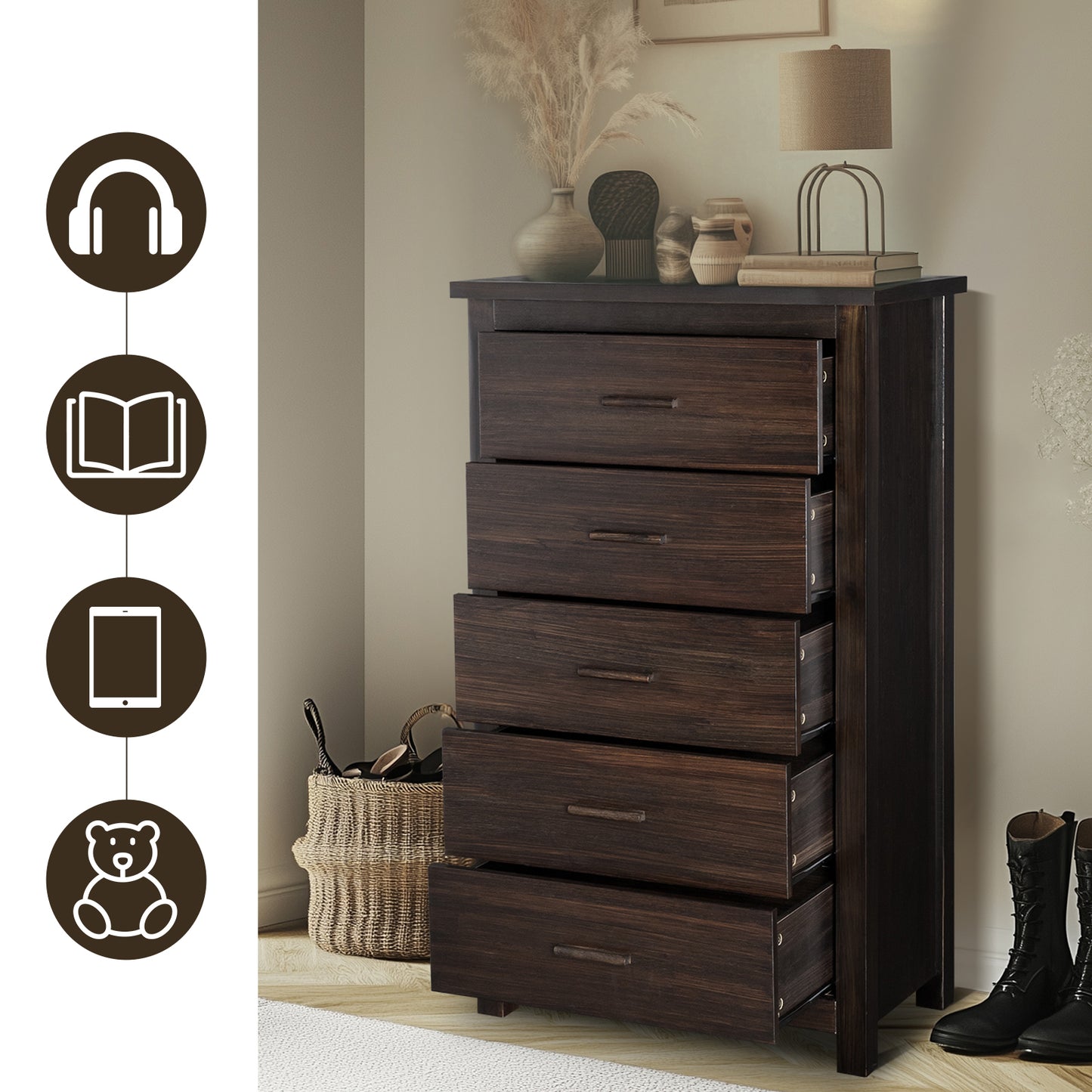 Vertical 5-Drawer Chest, Brown MDF with Wood Veneer, 73x40x120cm Storage Unit