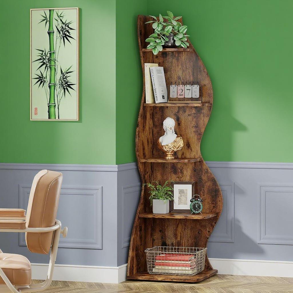 Brown Wavy 5-Tier Corner Bookshelf – Modern Sculpted Bookcase Storage Rack
