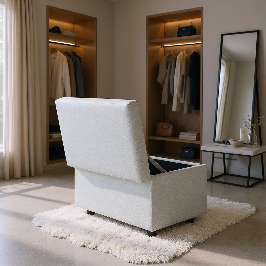 Light Gray Linen Storage Ottoman Bench with Hidden Compartment – 24.8" Wide