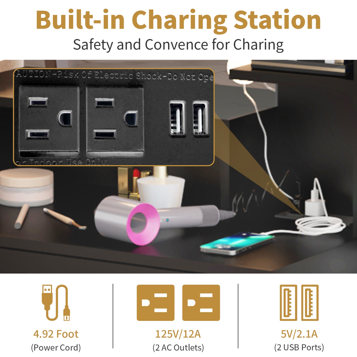 Large Vanity Table with Mirror, LED Lights, Drawers & Charging Station