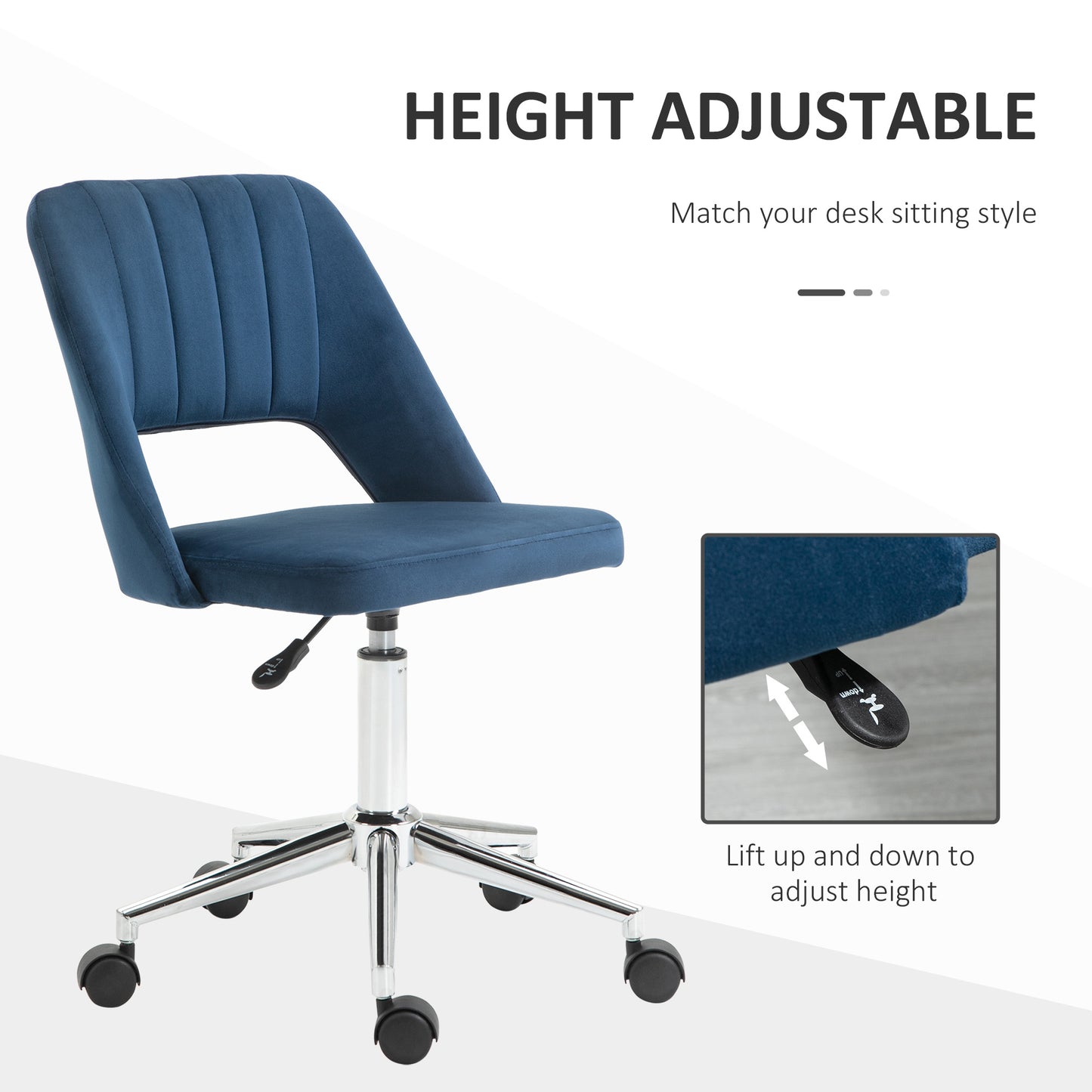 Modern Blue Velvet Office Chair – Adjustable Height, Swivel Base & Scallop Backrest