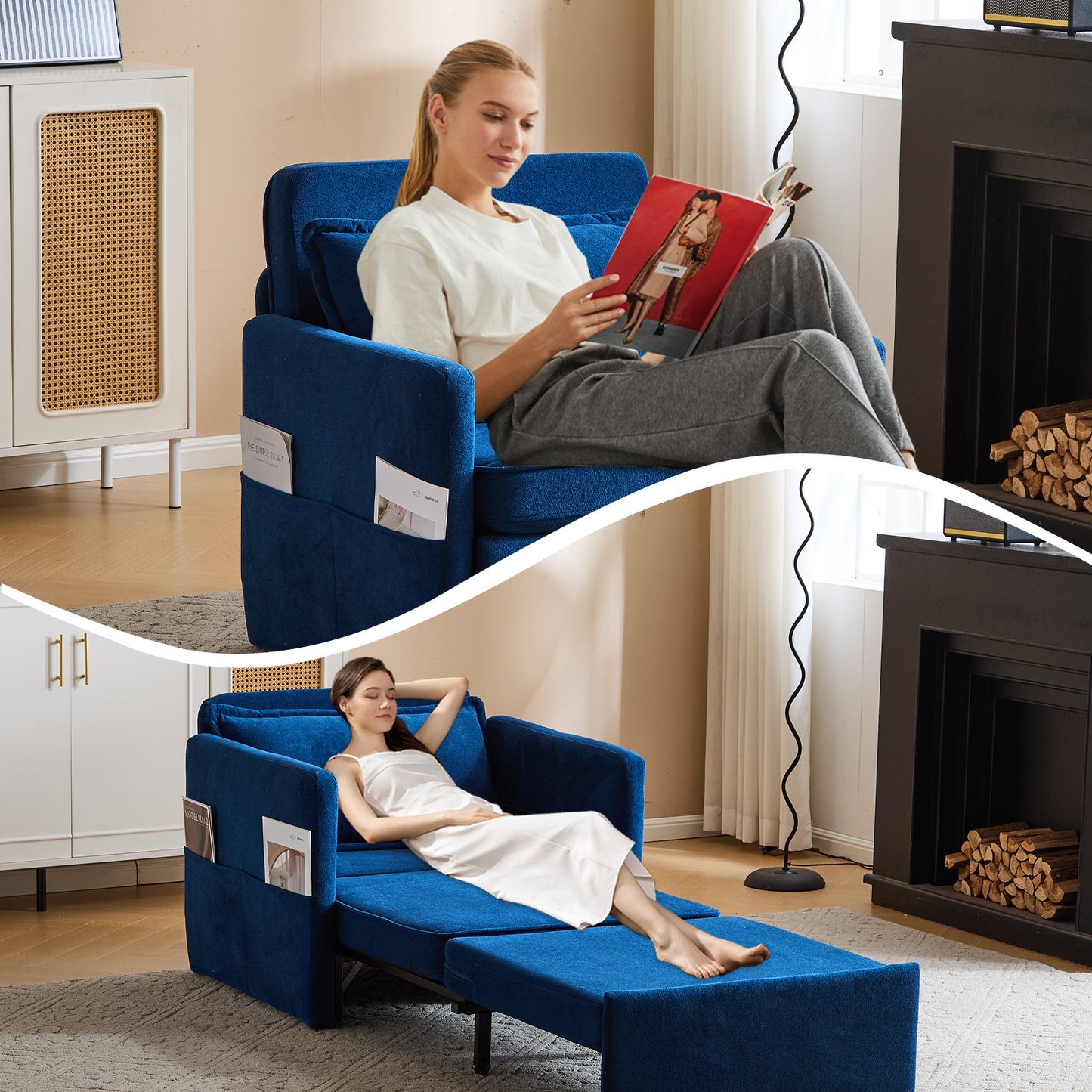 3-in-1 Sleeper Chair Bed with USB Tray, Blue Fabric Convertible Sofa