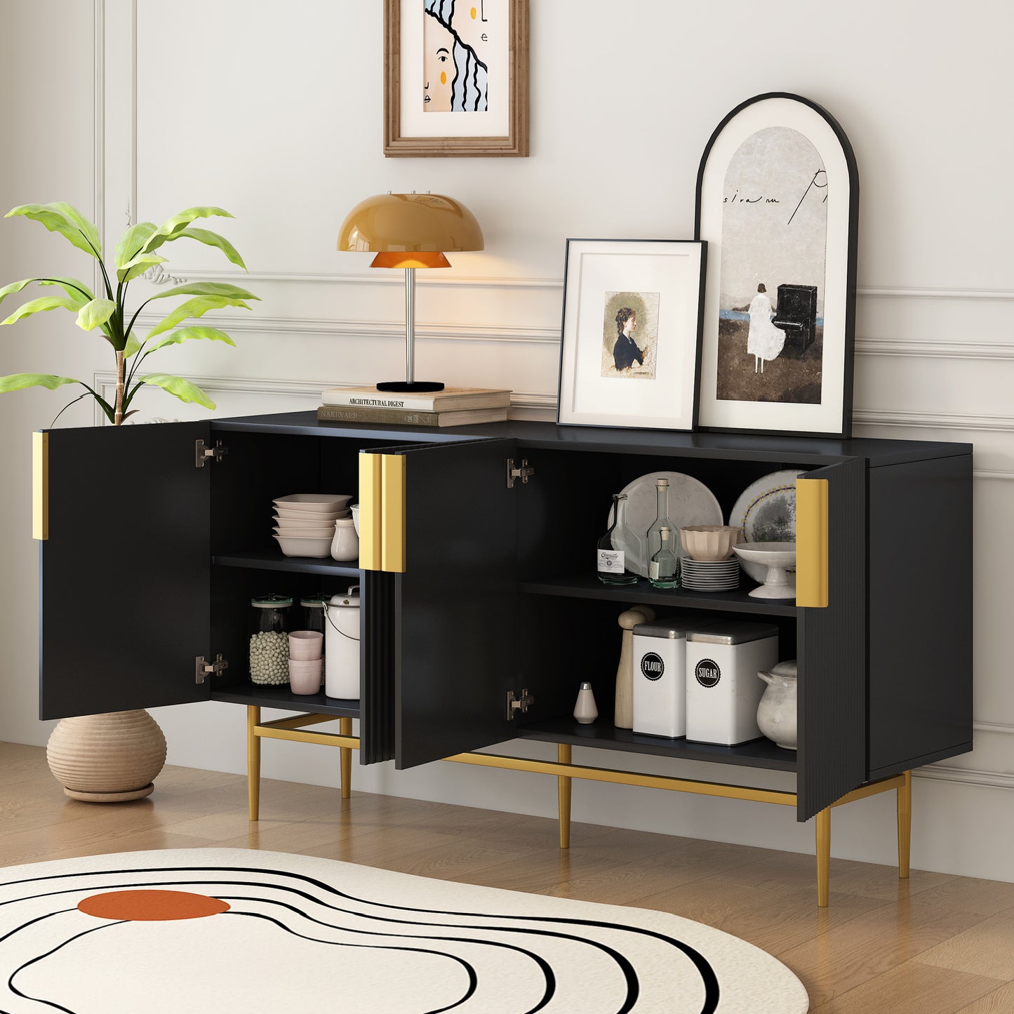Modern 4-Door Sideboard Buffet Cabinet with Gold Handles, Black for Home Use