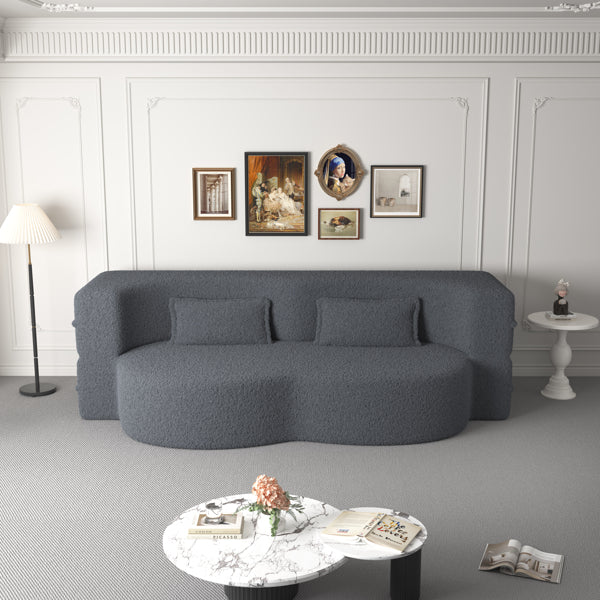 Modern Grey Teddy Fabric Floor Sofa Bed with 2 Pillows – Convertible & Space-Saving