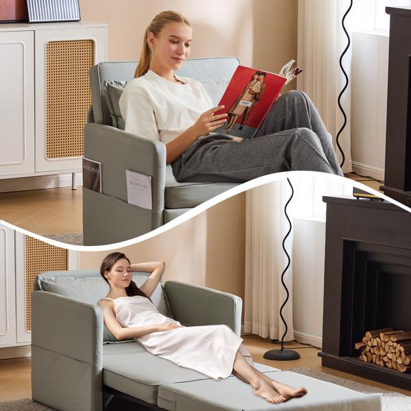 3-in-1 Sleeper Chair Bed with USB Tray, Light Grey Leather Convertible Sofa