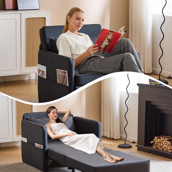 3-in-1 Sleeper Chair Bed with USB Tray, Black Leather Convertible Sofa