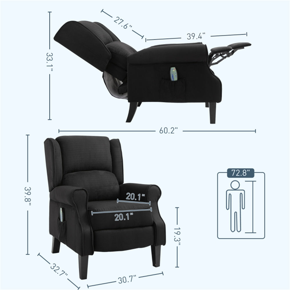 Heated Massage Recliner Chair with Lumbar Support – Manual Pushback, Black