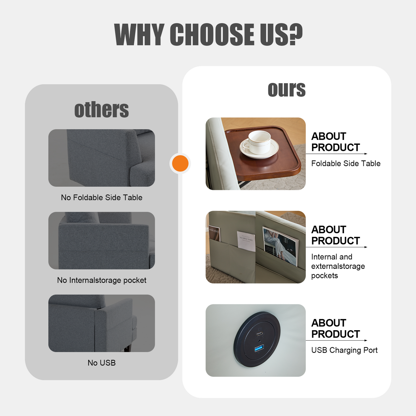 3-in-1 Sleeper Chair Bed with USB Tray, Light Grey Leather Convertible Sofa