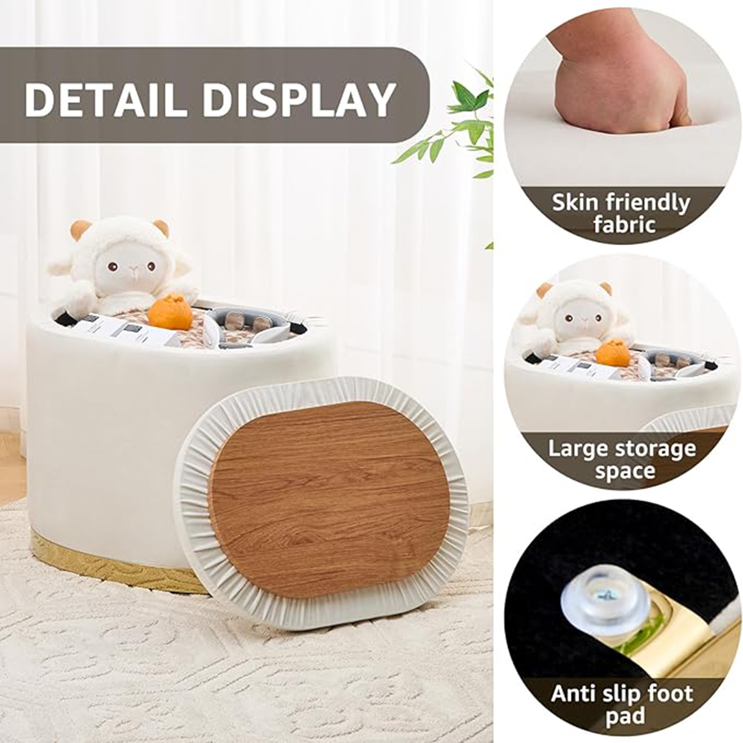 Round Storage Ottoman with Flip-Top Lid – Cream Upholstered Stool