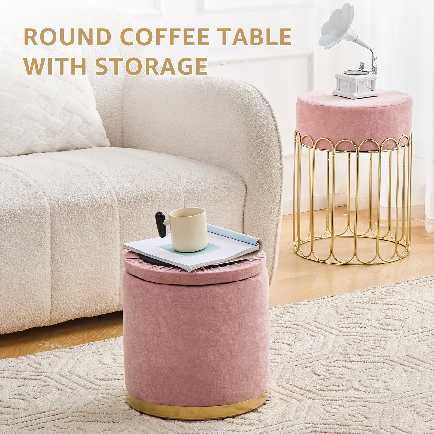 Set of 2 Round Velvet Storage Ottomans with Removable Lids – Pink