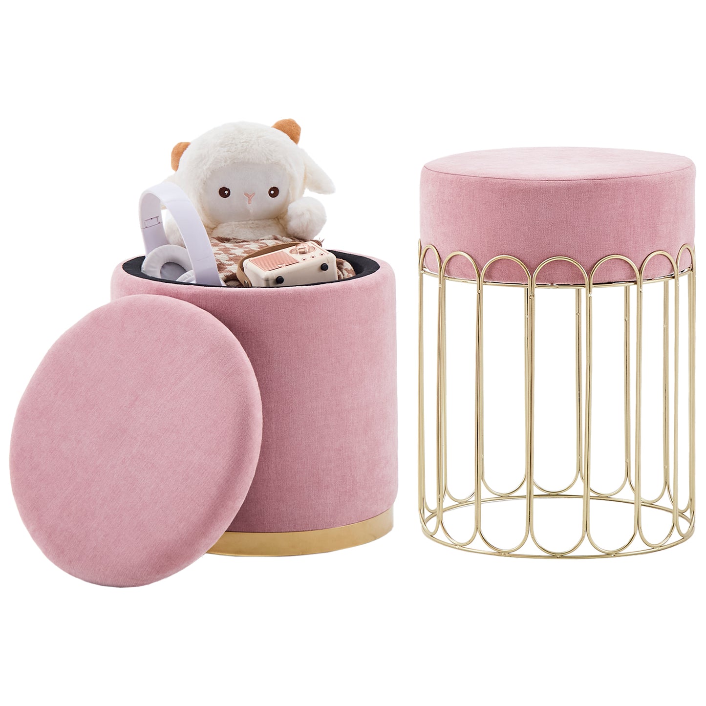 Set of 2 Round Velvet Storage Ottomans with Removable Lids – Pink