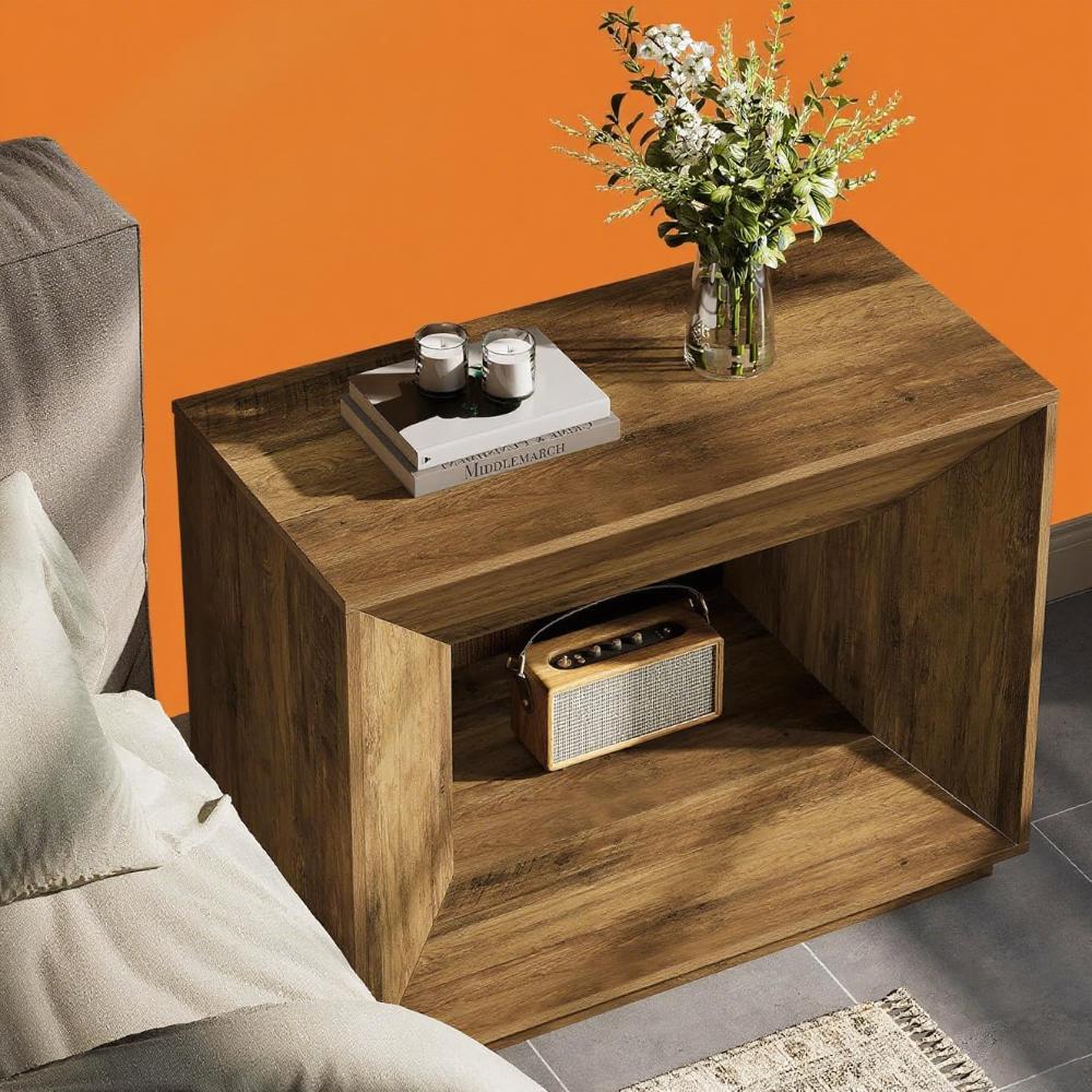 Mid-Century Rustic Coffee Table with 2-Tier Shelves – Oversized End Table