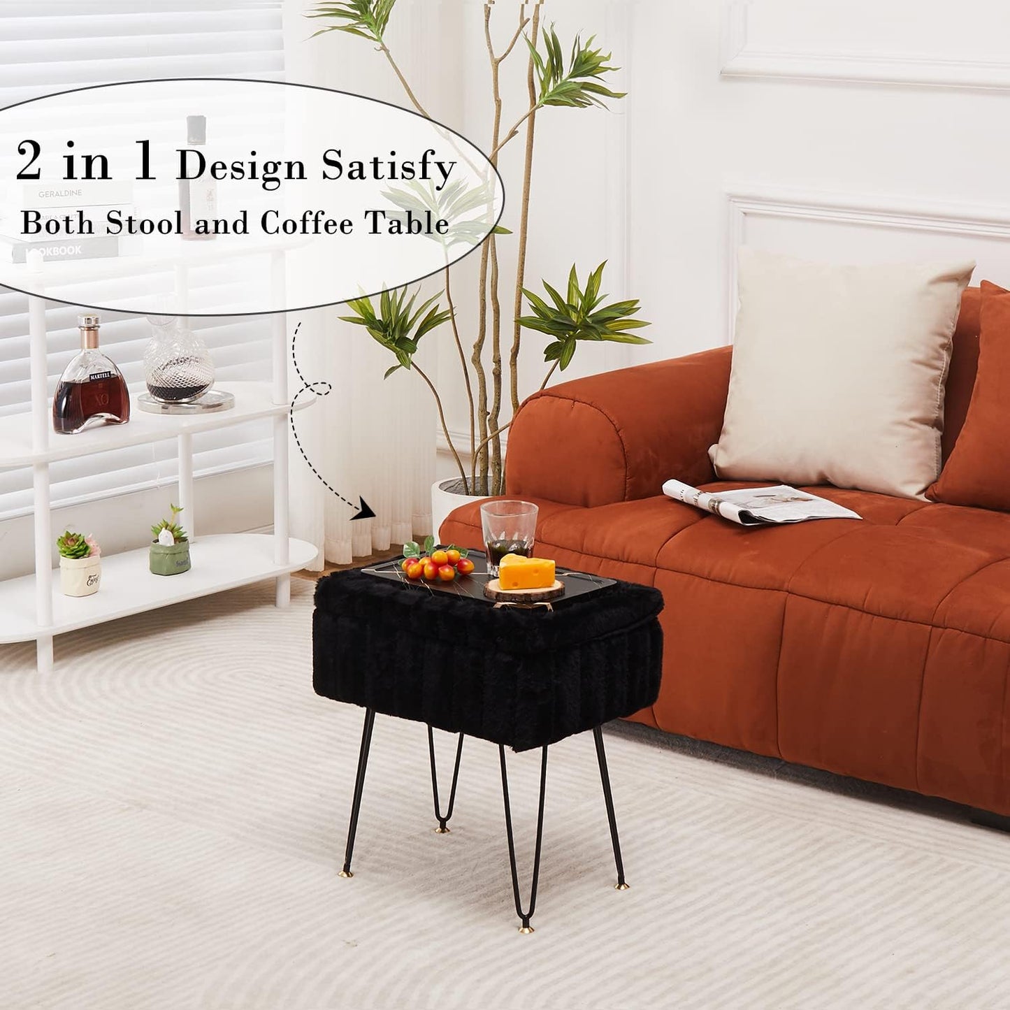 Faux Fur Ottoman with Storage – Vanity Stool & Footrest for Bedroom, Black