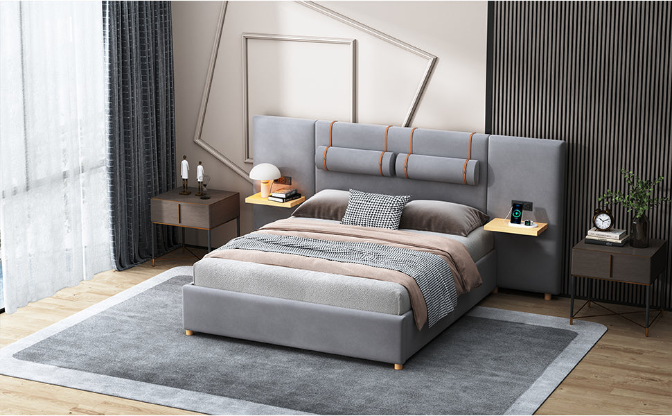 Queen Upholstered Platform Bed with USB Ports, Pillows & Storage Shelves – Gray