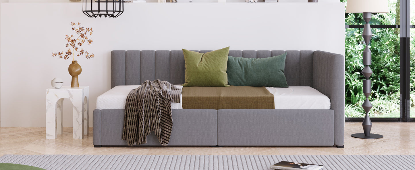 Gray Twin Upholstered Daybed with 2 Storage Drawers – Linen Sofa Bed Frame