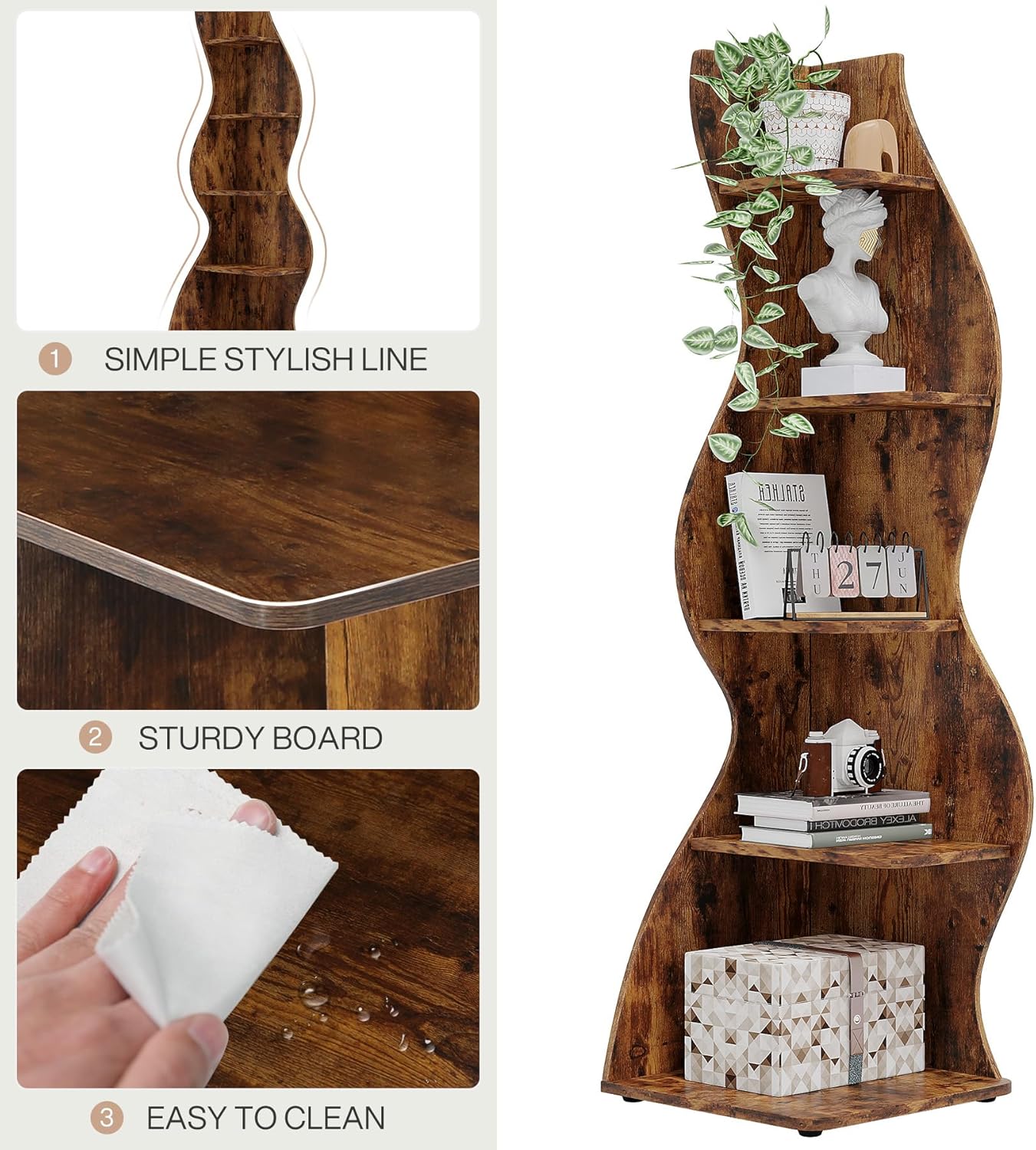 Brown Wavy 5-Tier Corner Bookshelf – Modern Sculpted Bookcase Storage Rack