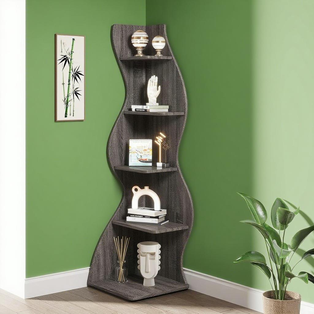 Dark Brown Wavy 5-Tier Corner Bookshelf – Modern Sculpted Bookcase Storage Rack