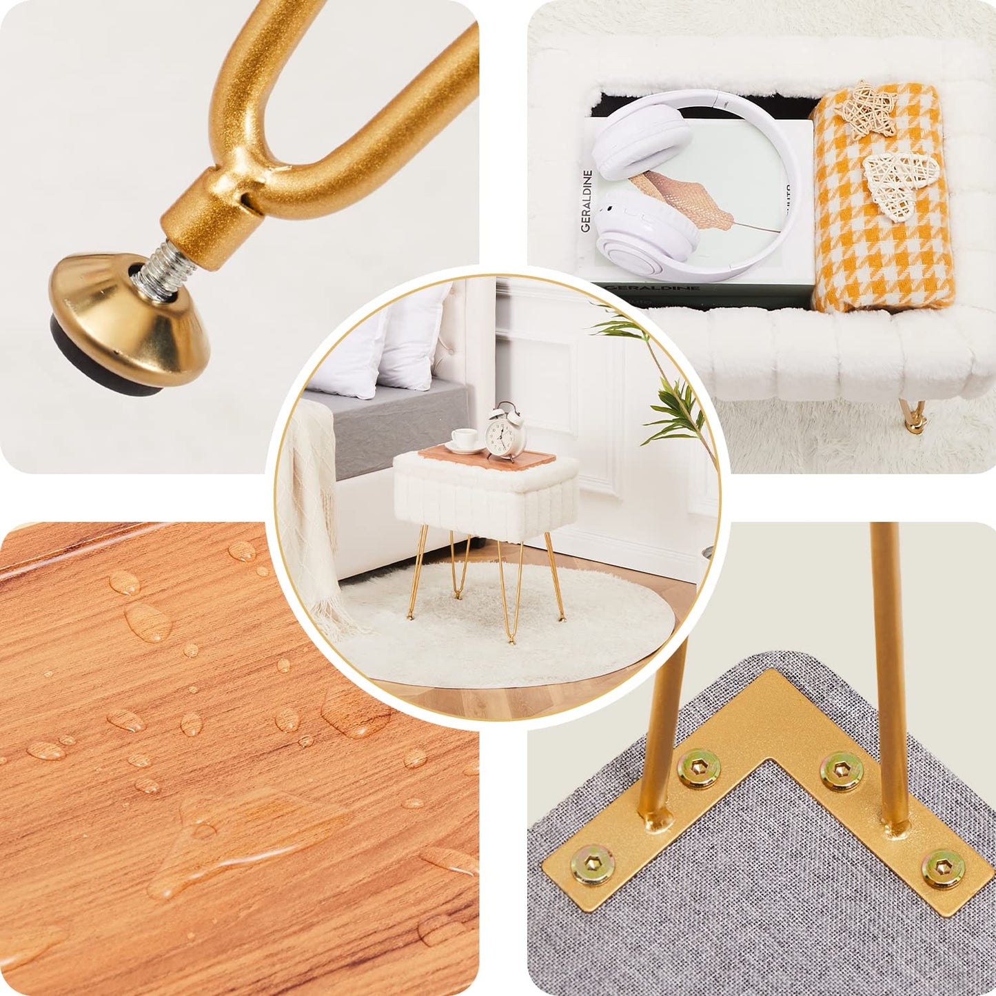 Faux Fur Ottoman with Storage – Vanity Stool & Footrest for Bedroom, Cream